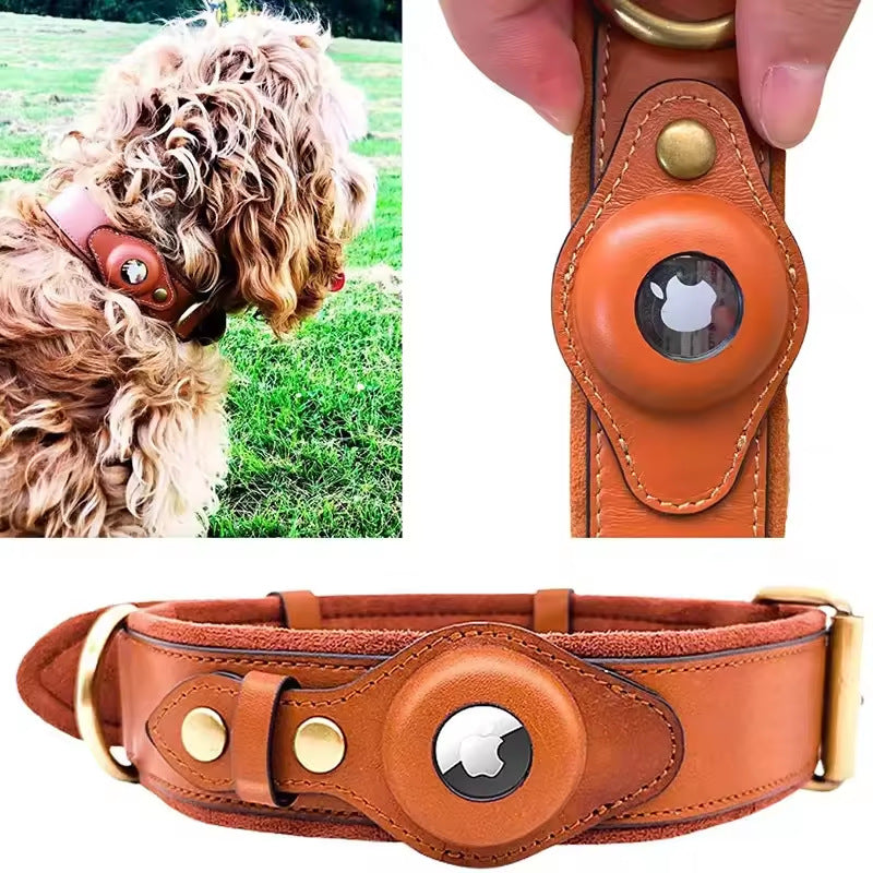 Premium Leder Hundehalsband mit Vorbereitung für Appel AirTag Tracker