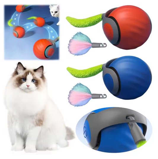 Rollender Spielball für Katzen mit Federschwanz