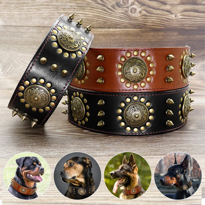 Luxus Lederhalsband mit Stahl Applikationen für große Hunde - 5 cm breit, viele Designs
