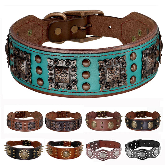 Luxus Lederhalsband mit Stahl Applikationen für große Hunde - 5 cm breit, viele Designs