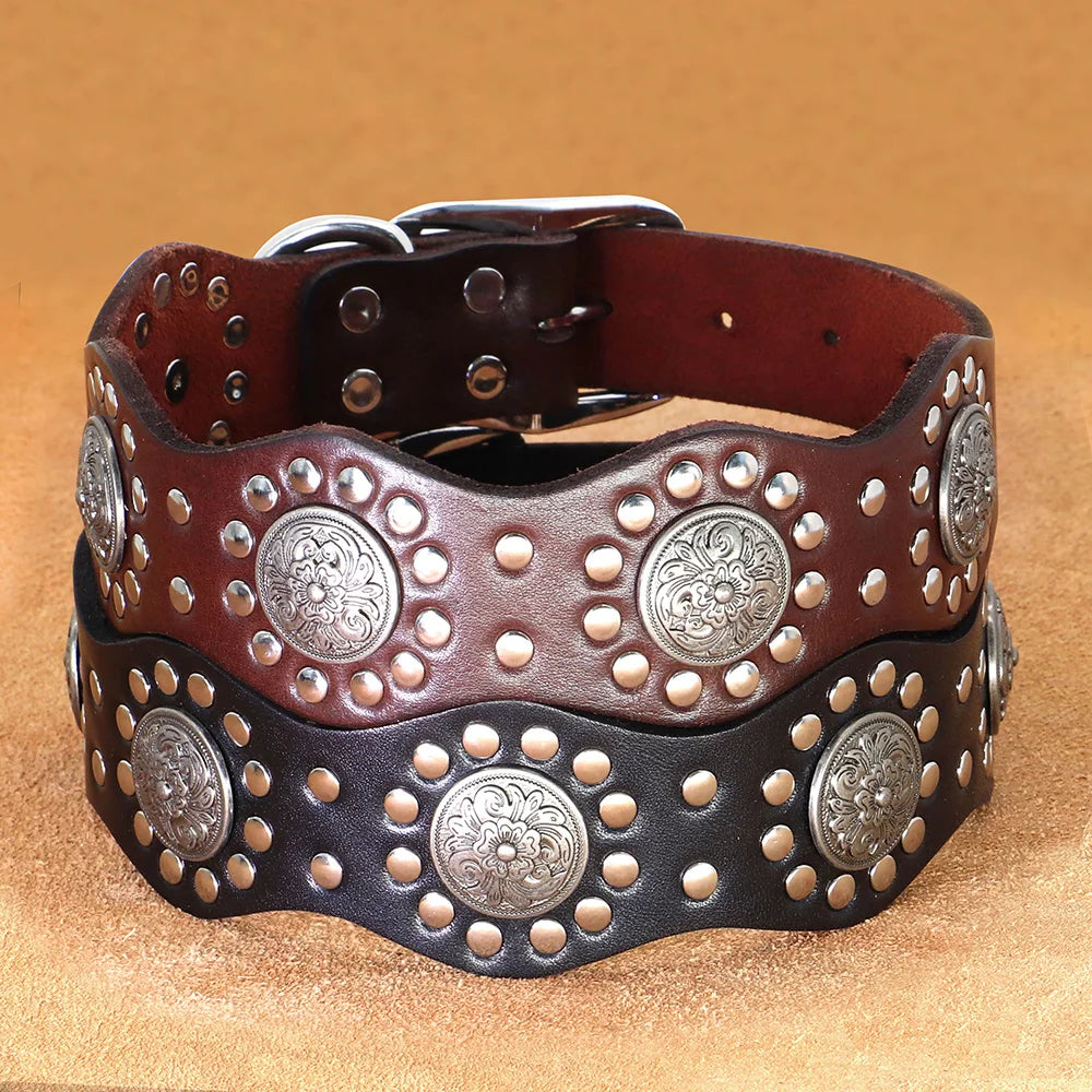 Luxus Lederhalsband mit Stahl Applikationen für große Hunde - 5 cm breit, viele Designs